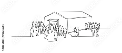 Community Evacuation Hub. Minimalistic one-line drawing group of people gathering at emergency facility, continuous single black line on white background,