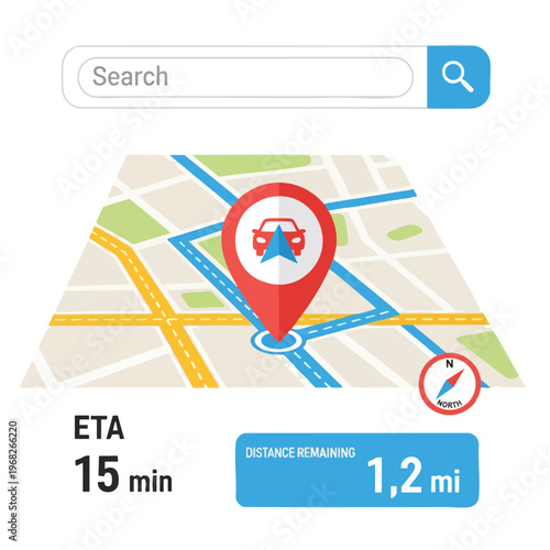 Navigation map shows route, ETA, and distance