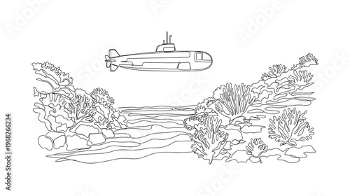 Submarine Exploration. Minimalistic one-line drawing submarine gliding above coral and seabed terrain, continuous single black line on white background, simple