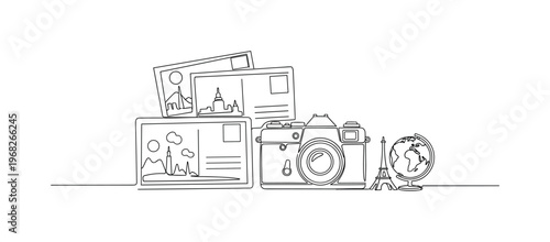 Travel Keepsake Scene. Minimalistic one-line drawing postcards, camera, and souvenirs on desk, continuous single black line on white background, simple outline