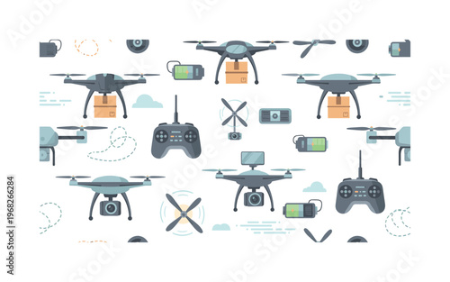 drones seamless pattern, repeating pattern, surface design, textile print, modern illustration of quadcopters, delivery drones, camera drones, propellers,