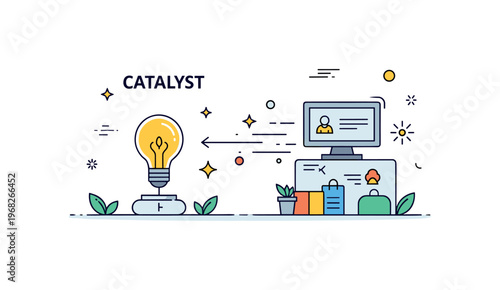 Catalyst technology startup scene where an idea triggers connected projects while tiny sparkle and line icons highlight innovation, impact, and progress. The