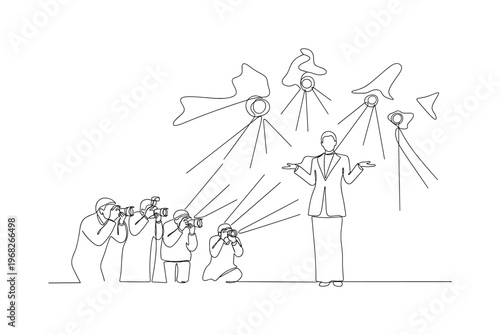 Hollywood Fame. Minimalistic one-line drawing star posing elegantly under spotlights with photographers, continuous single black line on white background,
