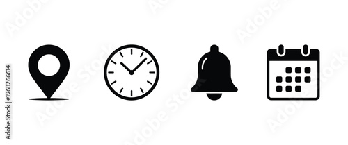 Location time notification and calendar flat icon set for digital applications and web design