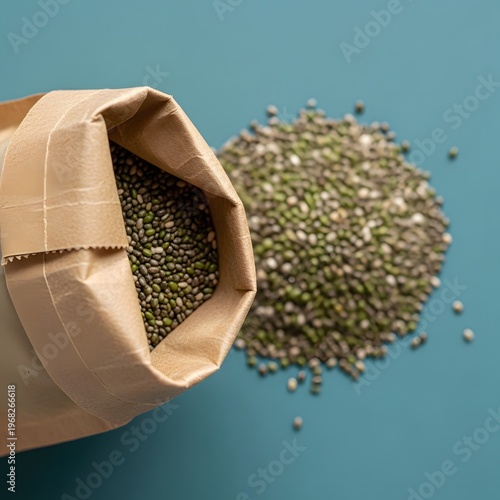 A paper bag filled with green lentils spilling onto a table surface.