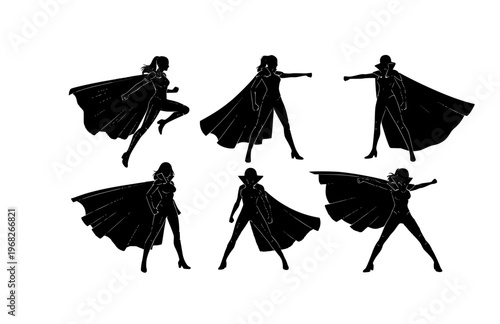 Sci-Fi Movie Heroine Silhouette Sticker, Modern Cape Power Pose Vector, High Tech Hollywood Action Character Illustration