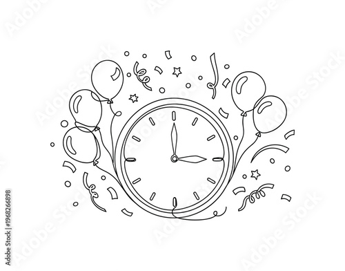 Midnight Celebration. Minimalistic one-line drawing clock with confetti and balloons around, continuous single black line on white background, simple outline