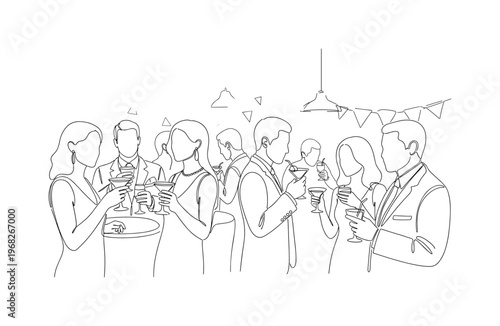 Evening Social. Minimalistic one-line drawing guests holding drinks and interacting at cocktail party, continuous single black line on white background, simple