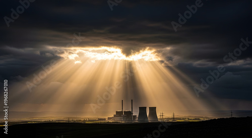 A dramatic nuclear power plant under a dark cloudy sky with sunlight