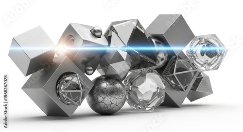 Geometric shapes composition with metallic cubes and spheres.