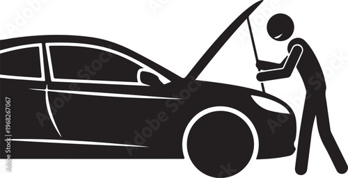 Repairman near the car icon. Car repair service icon. Vector.