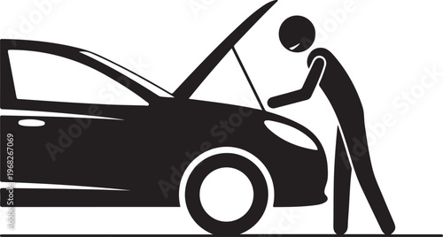 Repairman near the car icon. Car repair service icon. Vector.