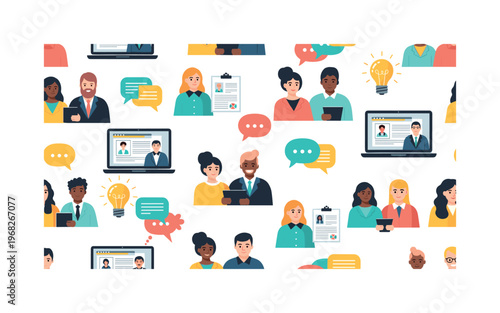 mentorship icons seamless pattern, repeating pattern, surface design, textile print, modern illustration of career advisors, students, laptops, charts,