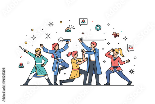 Group cosplay dynamic action pose scene where cosplayers act out character scenes while tiny sparkle and star icons emphasize creativity, collaboration, and