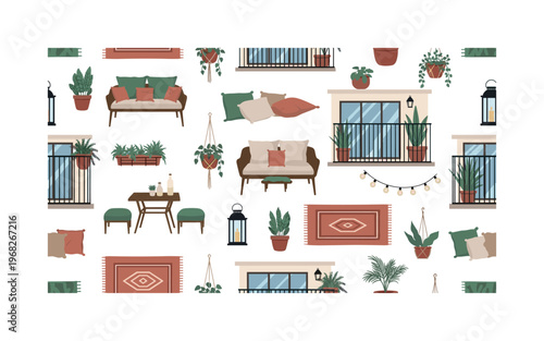 patio patterns seamless pattern, repeating pattern, surface design, textile print, modern illustration of balconies, terraces, garden furniture, potted plants,