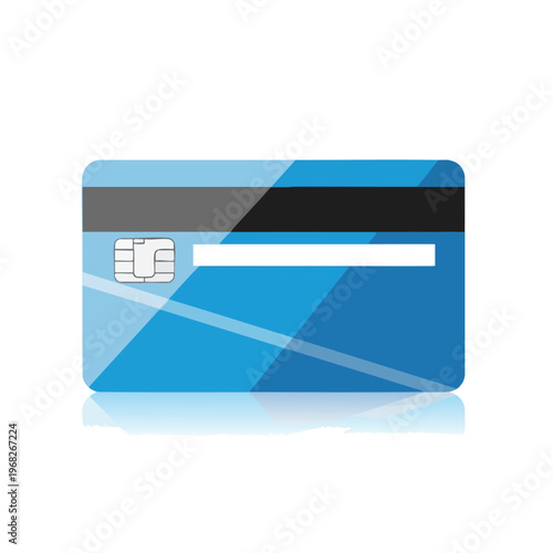 Blue credit card with chip, magnetic stripe, blank white signature field, and reflection