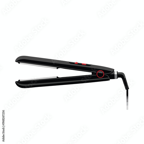 Sleek black hair straightener with red accent buttons and power cord