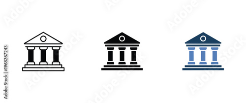Government building icons set with classical architecture columns representing banking and justice