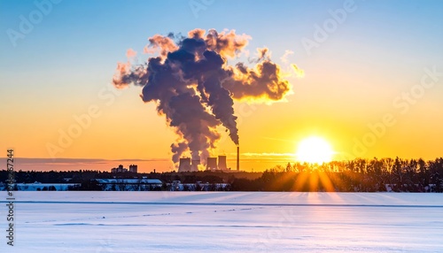 A landscape featuring an industrial complex spewing steam against a vibrant sunrise. A frozen lake and distant trees complete the scenery