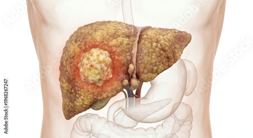 Medical visualization of primary Hepatocellular Carcinoma showing large solitary infiltrative tumor mass in cirrhotic, nodular liver inside ghostly silhouette context clinical oncology illustration