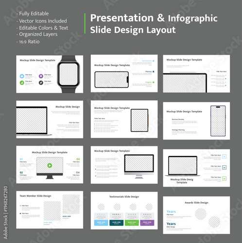 Various slide designs for business presentations with digital device mockups and placeholders