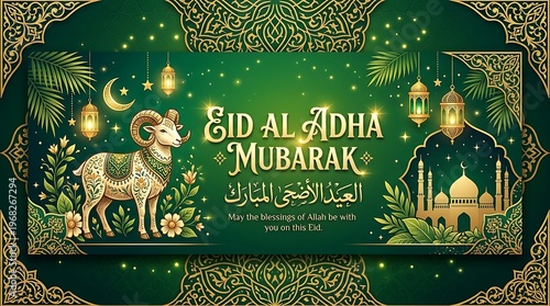 Eid al adha mubarak greeting card with ram and mosque design
