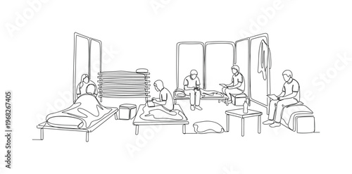 Disaster Shelter Scene. Minimalistic one-line drawing evacuees in temporary accommodation, continuous single black line on white background, simple outline