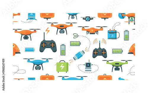 aerial motifs seamless pattern, repeating pattern, surface design, textile print, modern illustration of drones, propellers, remote controllers, camera drones,