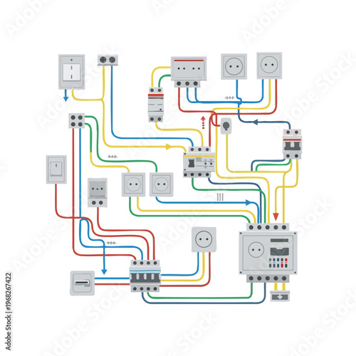 Simplified schematic of an electrical wiring system with outlets, breakers, and switches