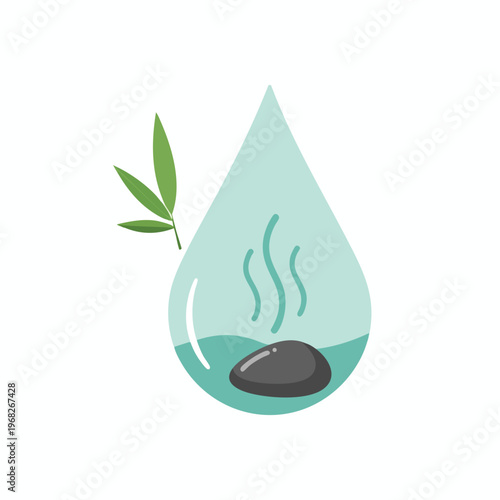 Stylized drop of water with bamboo leaves and steaming stone
