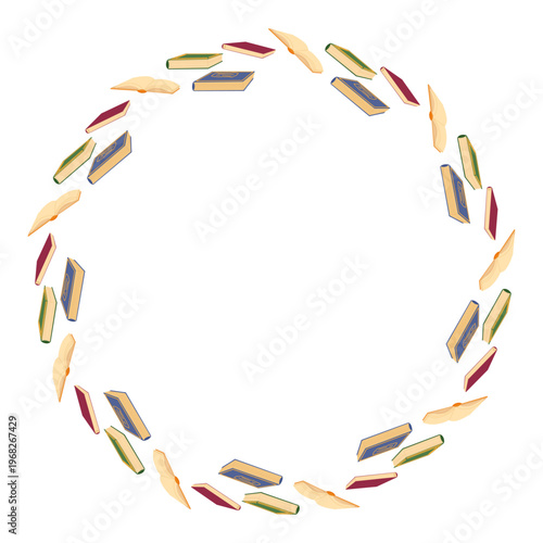 Books round frame. Poet core. Writer aesthetic. Vector hand drawn circle template with blank copy space for bookstore, bookshop, library, postcard, poster, invitation, book club