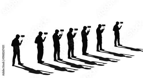 silhouettes of people looking at mobile phones in line