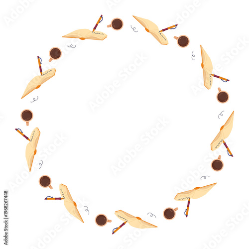 Circle frame with opened diary books and notes. Poet core. Writer aesthetic. Vector hand drawn round template with copy space for bookstore, bookshop, library, postcard, poster, invitation, book club