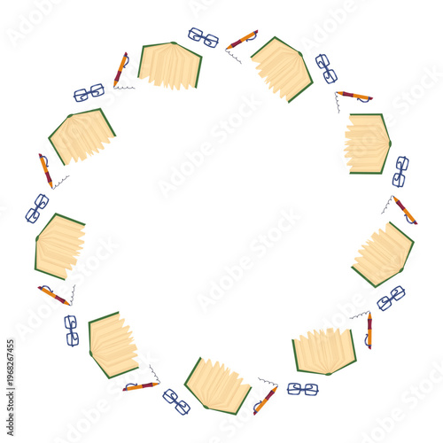 Circle frame with opened books, ink pen. Poet core. Writer aesthetic. Vector hand drawn template with blank copy space for bookstore, bookshop, library, postcard, poster, invitation, book club