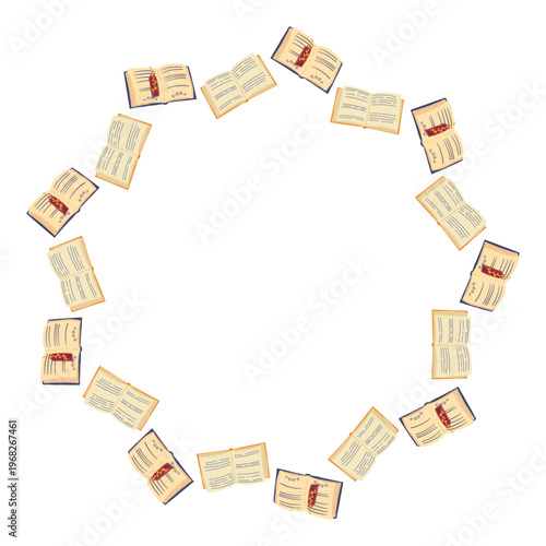 Circle frame with opened books and vintage pages. Poet core. Writer aesthetic. Vector hand drawn template with copy space for bookstore, bookshop, library, postcard, poster, invitation, book club