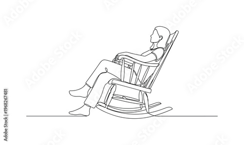 Relaxing Chair. Minimalistic one-line drawing person reclining in wooden rocking chair, continuous single black line on white background, simple outline style,