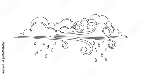 Gusty Storm. Minimalistic one-line drawing clouds with wind and raindrops forming, continuous single black line on white background, simple outline style, no