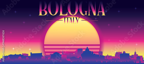 Purple generic retro futuristic synthwave panoramic poster of the city skyline with misty background sunset buildings of BOLOGNA, ITALY