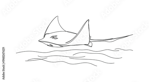 Ocean Depths. Minimalistic one-line drawing stingray gliding over sandy seabed, continuous single black line on white background, simple outline style, no