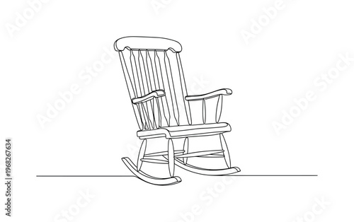 Traditional Rocker. Minimalistic one-line drawing wooden rocking chair with slatted backrest, continuous single black line on white background, simple outline