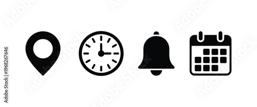 Location time notification and calendar flat icon set for digital applications and web design