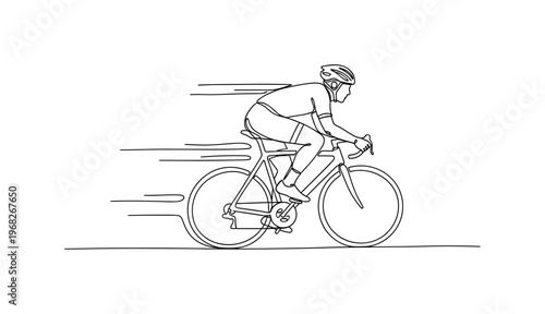 Cyclist in Motion. Minimalistic one-line drawing person pedaling with speed lines indicating motion, continuous single black line on white background, simple