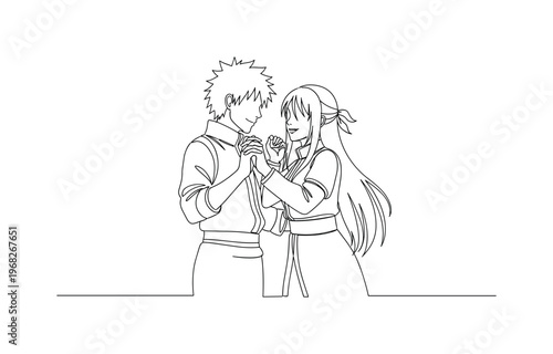 Anime Duo Interaction. Minimalistic one-line drawing cosplayers acting out scene together, continuous single black line on white background, simple outline