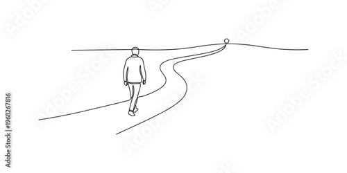 Spiritual Path. Minimalistic one-line drawing person walking toward distant light along curving trail, continuous single black line on white background, simple