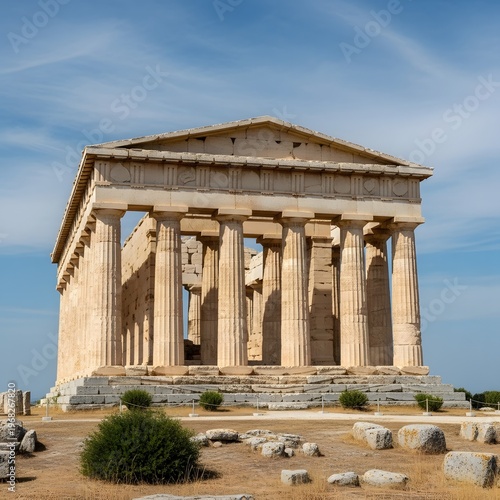 Ancient temple with classic greek architectural design under clear skies