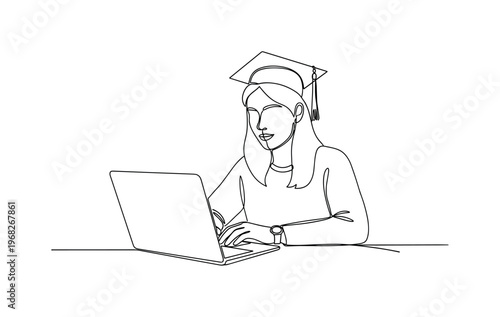 Lecture Watch. Minimalistic one-line drawing person focused on video lecture on laptop, continuous single black line on white background, simple outline style,