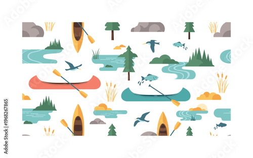 river life icons seamless pattern, repeating pattern, surface design, textile print, modern illustration of canoes, kayaks, paddles, rivers, lakes, birds,