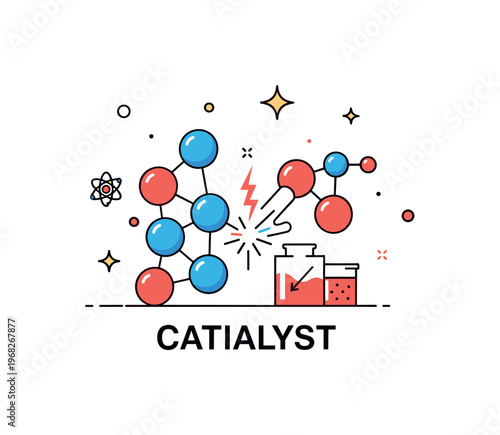 Catalyst science breakthrough scene where molecules collide and spark energy while tiny sparkle and star icons highlight reaction, innovation, and discovery.