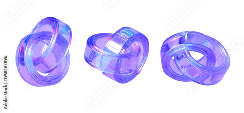 Abstract set of intertwined holographic glass rings in violet and blue tones shown from different angles