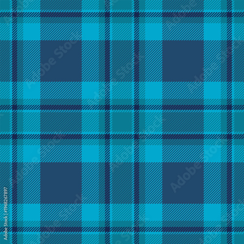 Male seamless tartan fabric, awesome background plaid textile. Geometry vector check pattern texture in cyan and blue colors.